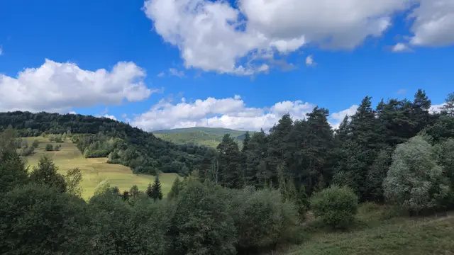 Meadow and Rounded Peak Under Cumulus
